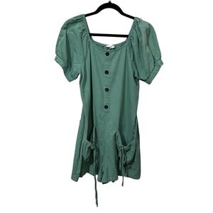 Green Puff-Sleeve Romper with Front Buttons